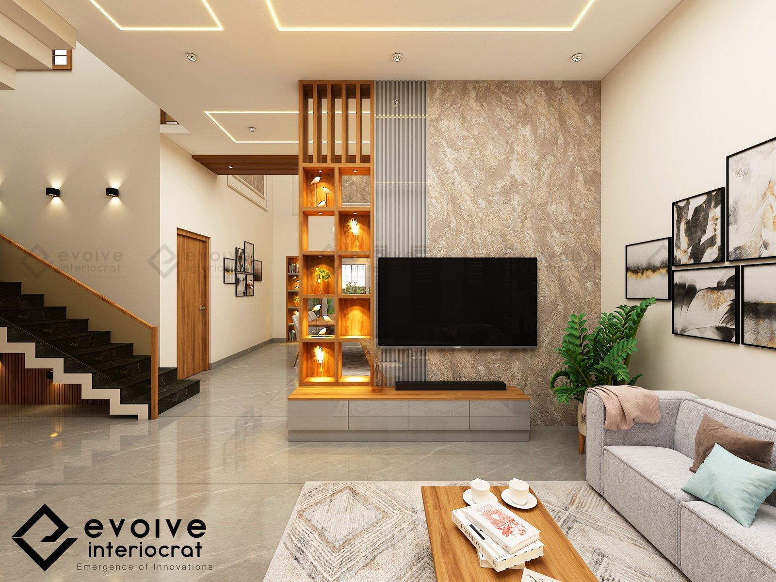 Modern living room and TV unit by evolve interiocrat